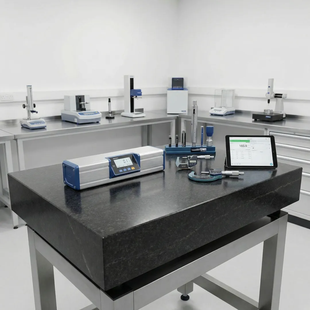 Close-up of precision measurement equipment verifying granite surface plate flatness