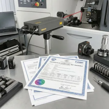NIST-traceable calibration certificate and precision measurement equipment on workbench