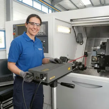 Precision calibration technician using laser interferometer on CNC machine in Nebraska manufacturing facility