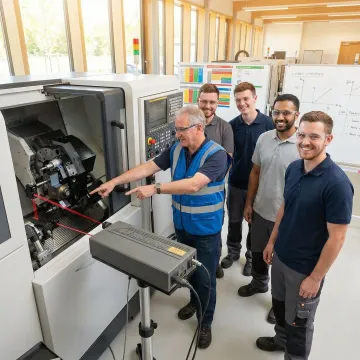 Manufacturing team participating in advanced technical training with precision measurement equipment