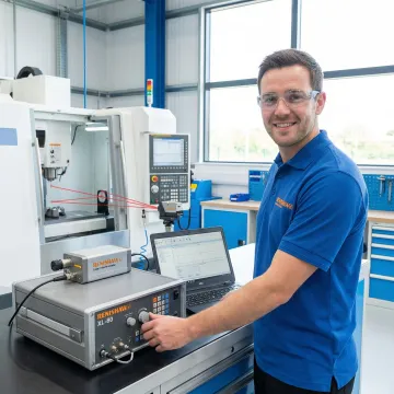 Precision calibration technician performing laser interferometer measurement on CNC machine in Idaho manufacturing facility