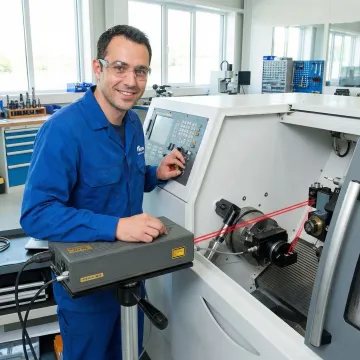 Professional calibration technician using laser interferometer on CNC machine