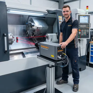 Precision laser calibration equipment measuring CNC machine axis accuracy in industrial manufacturing facility