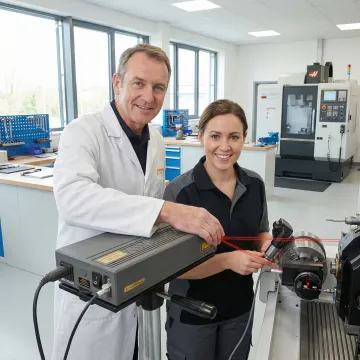 Technician learning CNC calibration procedures in hands-on training environment