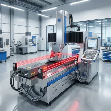 Precision CNC machining equipment undergoing laser interferometer calibration testing