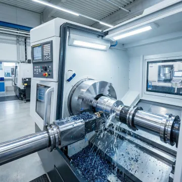 CNC precision turning lathe machining metal component with cutting tool and coolant