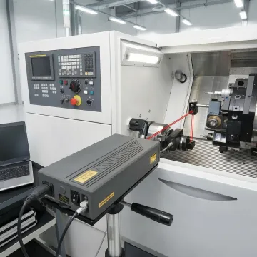 Industrial CNC machine being calibrated with laser measurement equipment