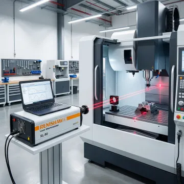 Precision laser interferometer calibrating CNC machine axis in manufacturing facility