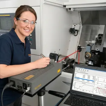 Technician performing rotary axis calibration on multi-axis CNC machine