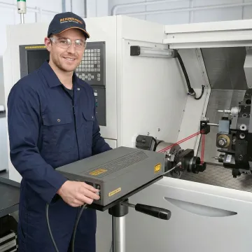 Industrial CNC machine undergoing precision condition monitoring with laser measurement equipment