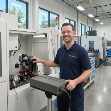 Precision laser interferometer calibrating CNC machine in industrial manufacturing facility