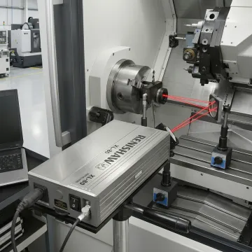 Precision laser interferometer calibrating CNC machine axis in manufacturing facility