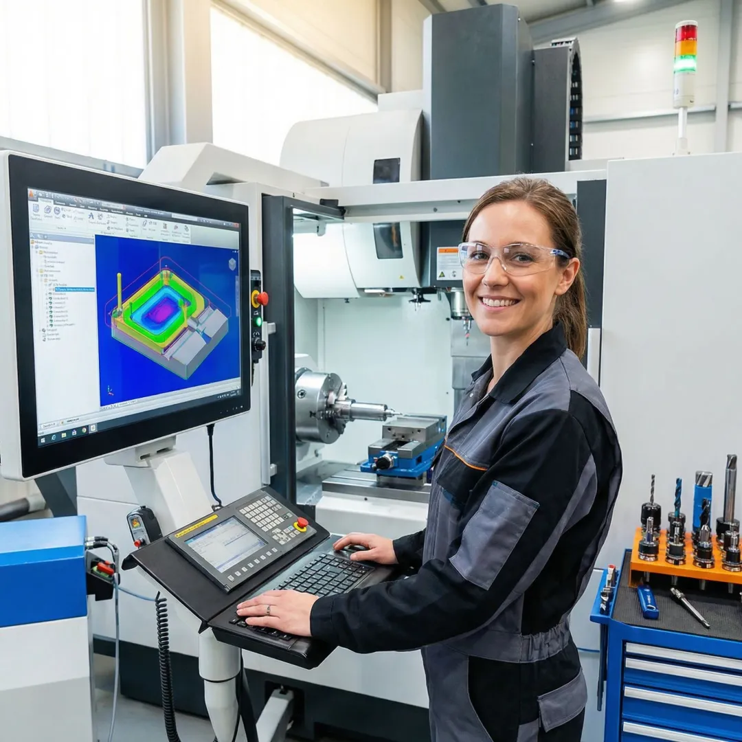 Technician reviewing CAM toolpath on computer screen with CNC machine in background