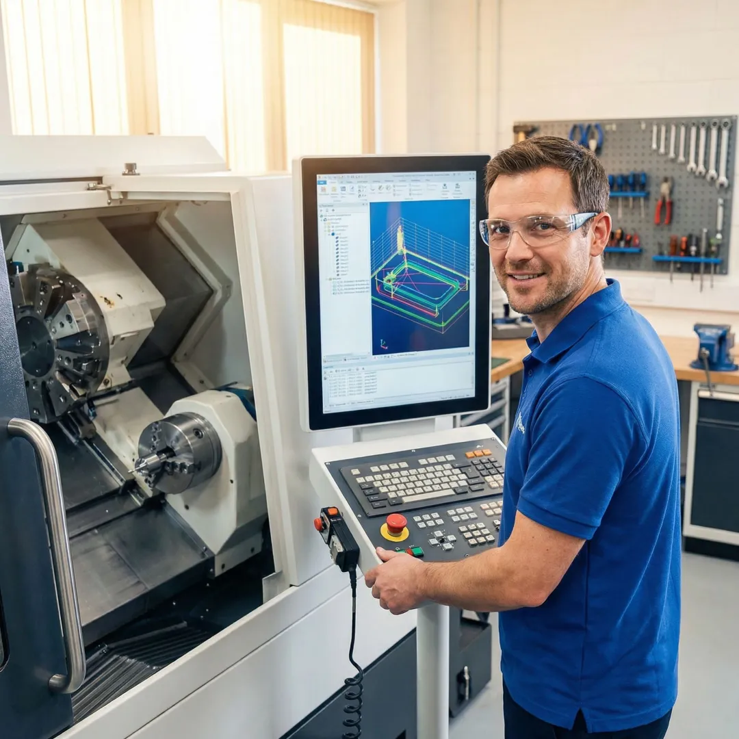 CNC machine operator receiving hands-on CAD CAM software training
