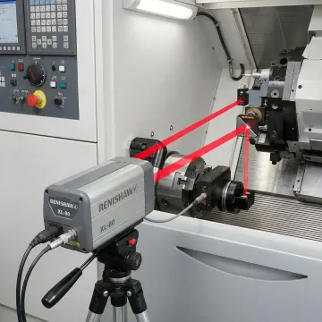 Laser interferometer calibrating CNC machine tool axis in manufacturing facility