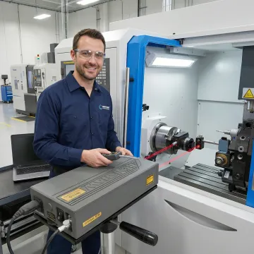 Precision calibration technician performing laser interferometer testing on CNC machine axis