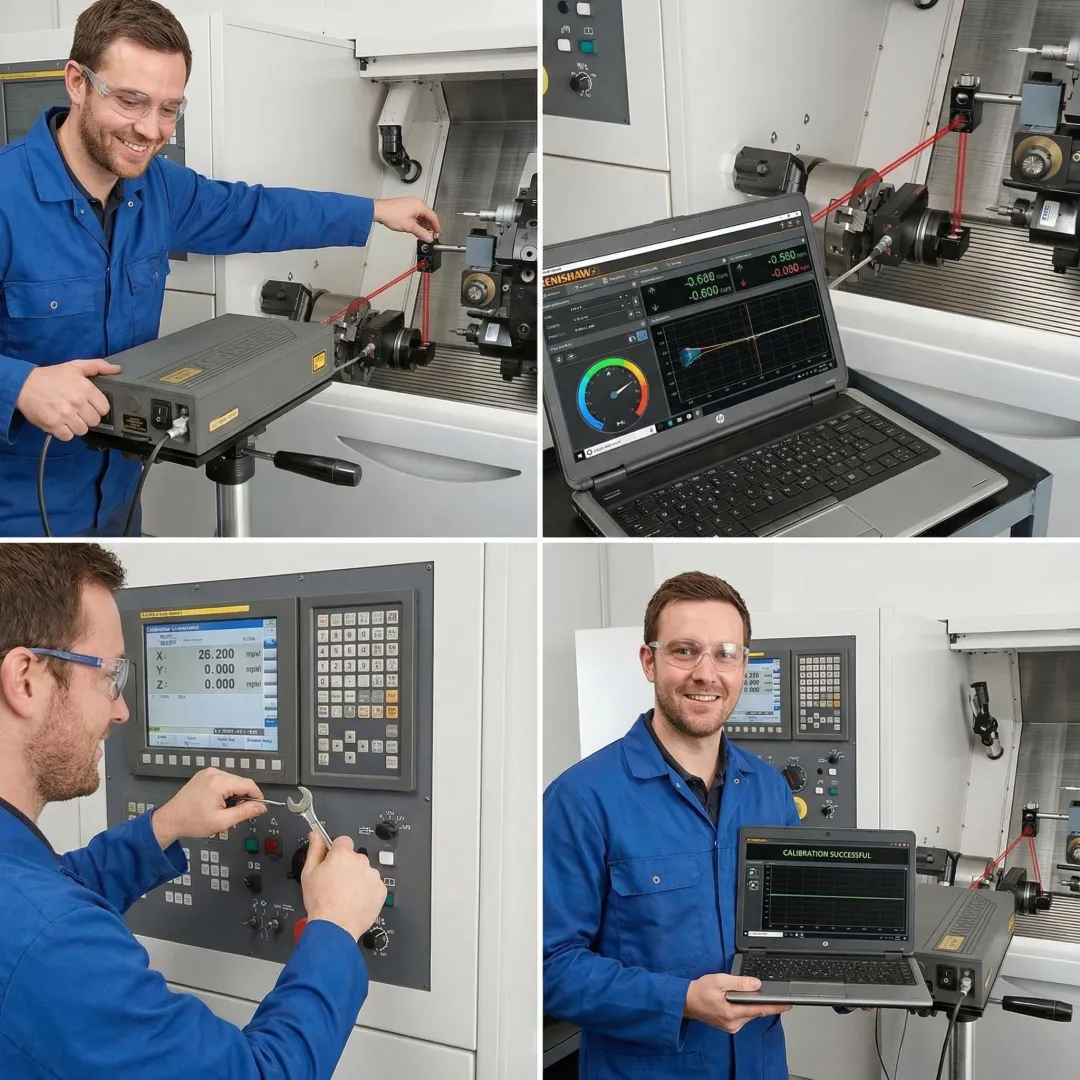 CNC calibration process showing laser interferometer setup and measurement data
