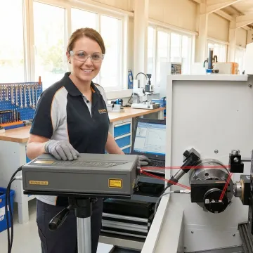 Precision laser interferometer calibrating CNC machine in industrial manufacturing facility