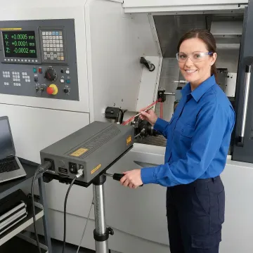 Calibration technician using laser interferometer on CNC machine