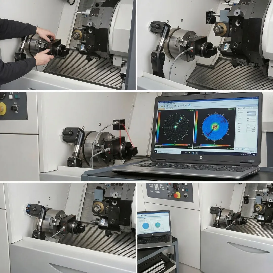 Calibration process showing ballbar testing steps on CNC machine