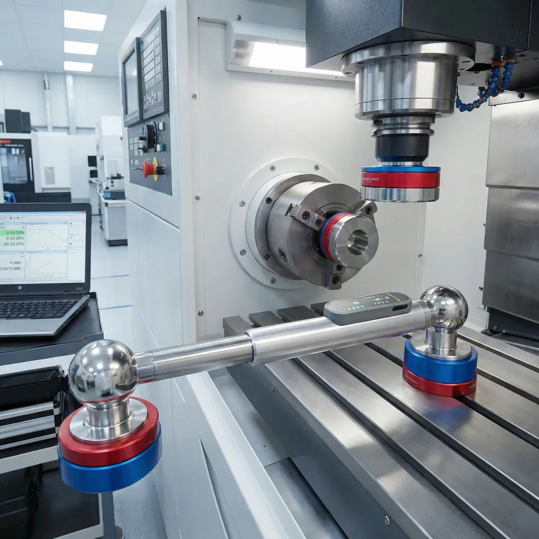Renishaw QC20-W Ballbar system mounted on CNC machine performing circular interpolation test
