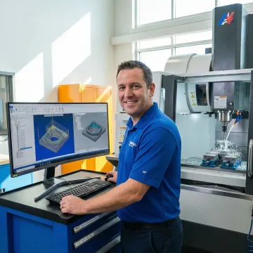 Manufacturing professional receiving hands-on CAM software training on CNC milling machine