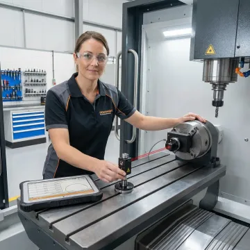 Technician performing ballbar calibration test on CNC machine using wireless testing equipment
