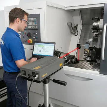 Precision laser interferometer measuring CNC machine tool linear axis accuracy in manufacturing facility