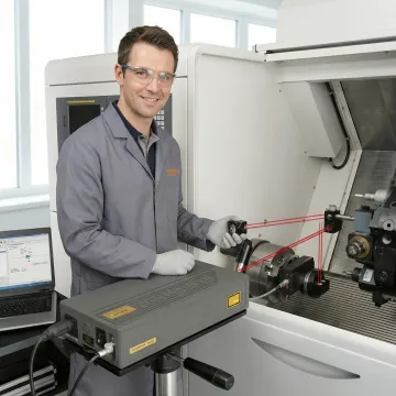 CNC machine calibration technician using laser interferometer equipment in Washington manufacturing facility