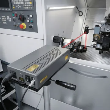 Precision laser interferometer calibrating industrial CNC machine axis