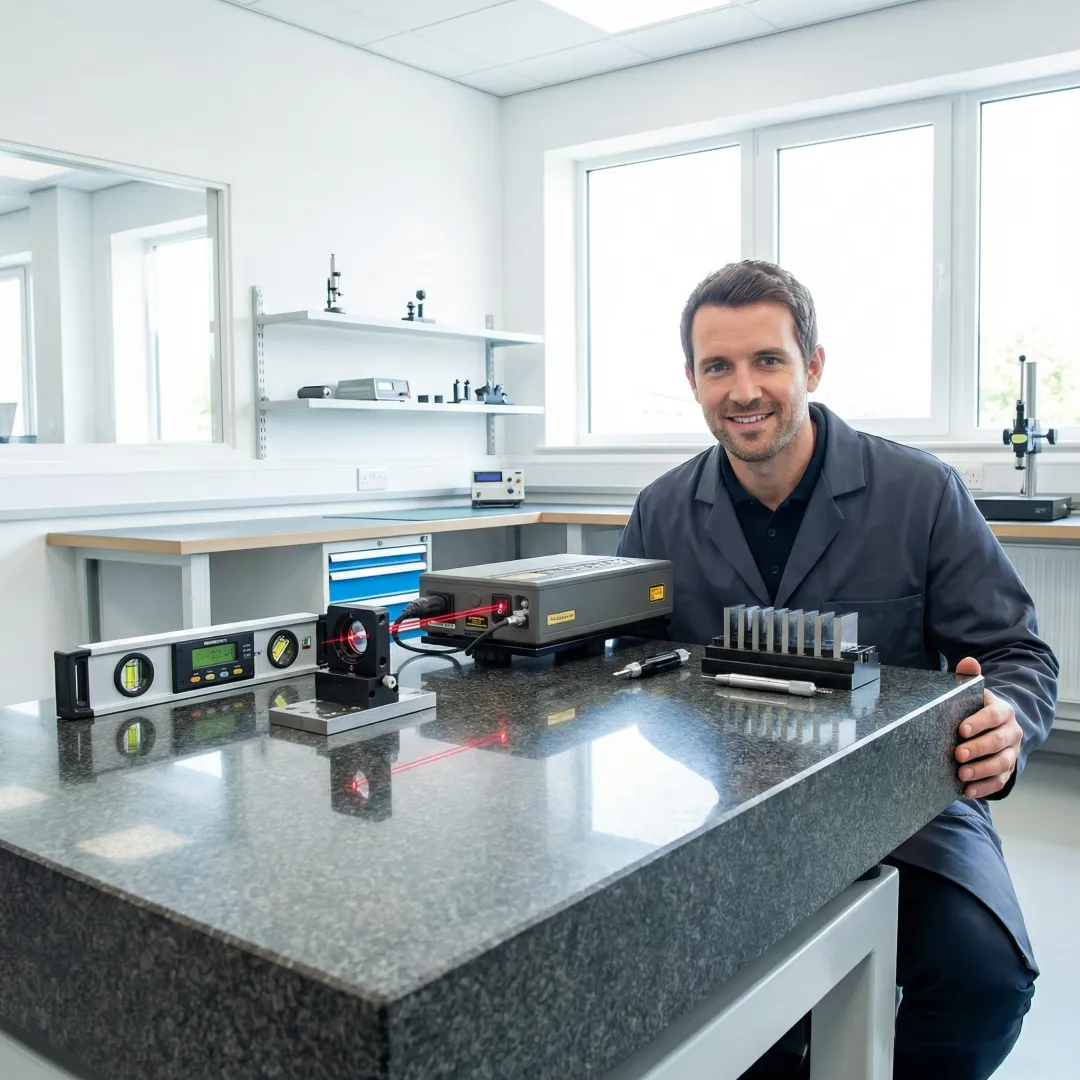 Calibration technician performing flatness measurement on granite surface plate