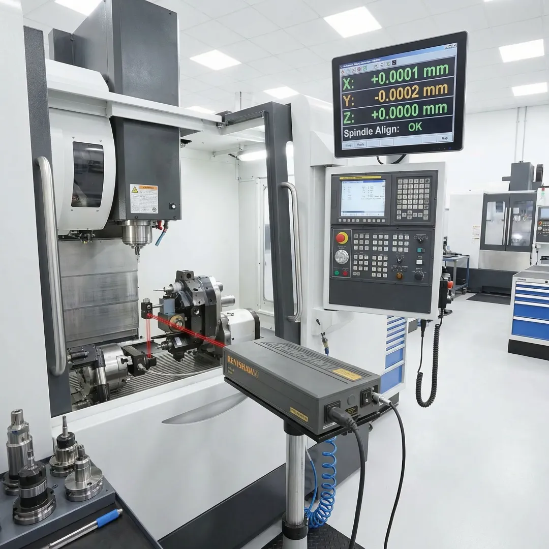 CNC machine undergoing precision laser calibration measurement