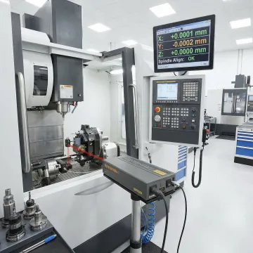 CNC machine undergoing precision laser calibration measurement