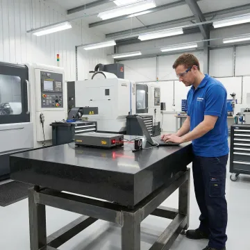 Precision surface plate being measured with calibration equipment in industrial workshop