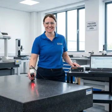 Calibration technician measuring surface plate flatness with precision instrumentation