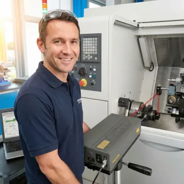 Calibration technician analyzing laser measurement data on CNC machining center