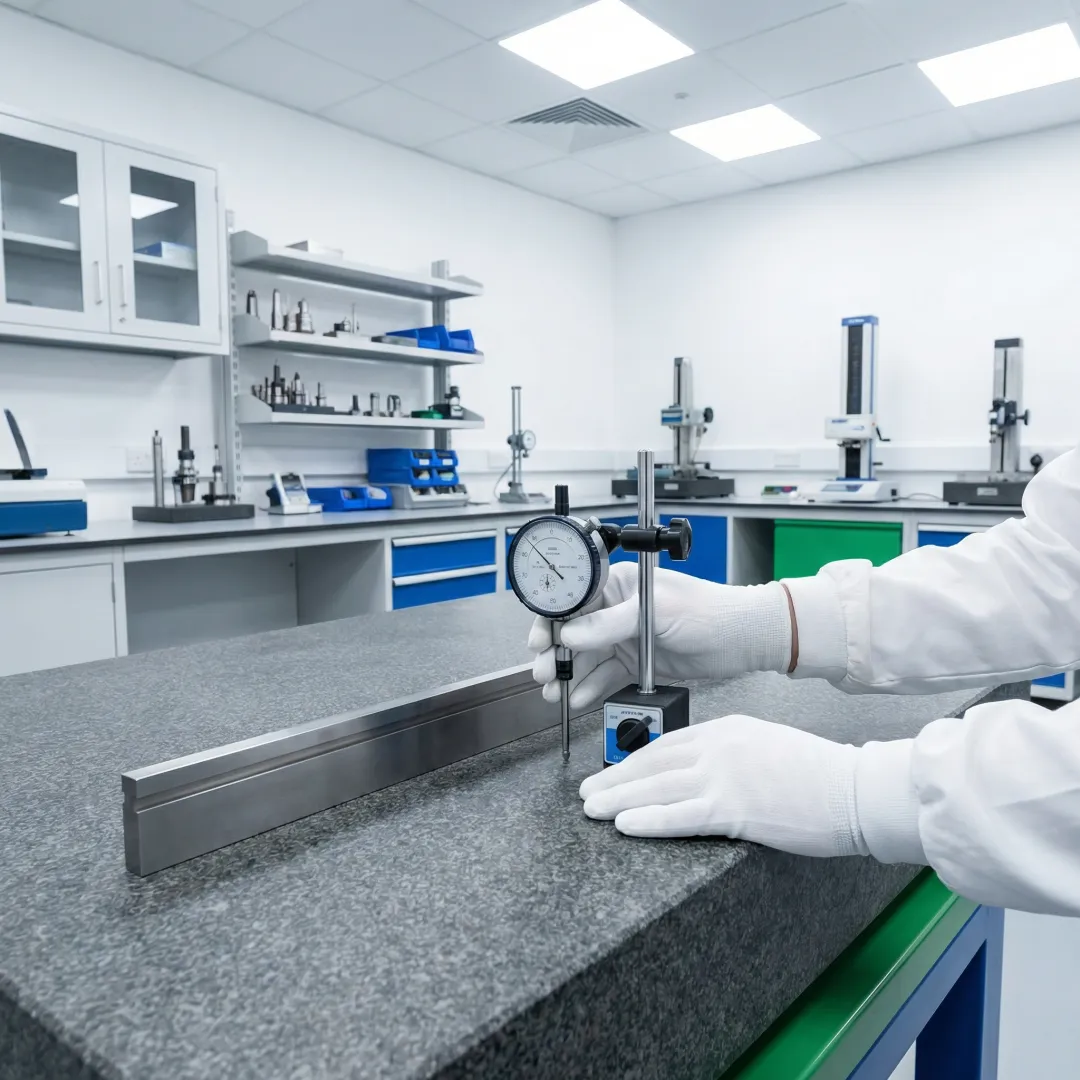 Technician performing flatness measurement on industrial surface plate with precision calibration tools