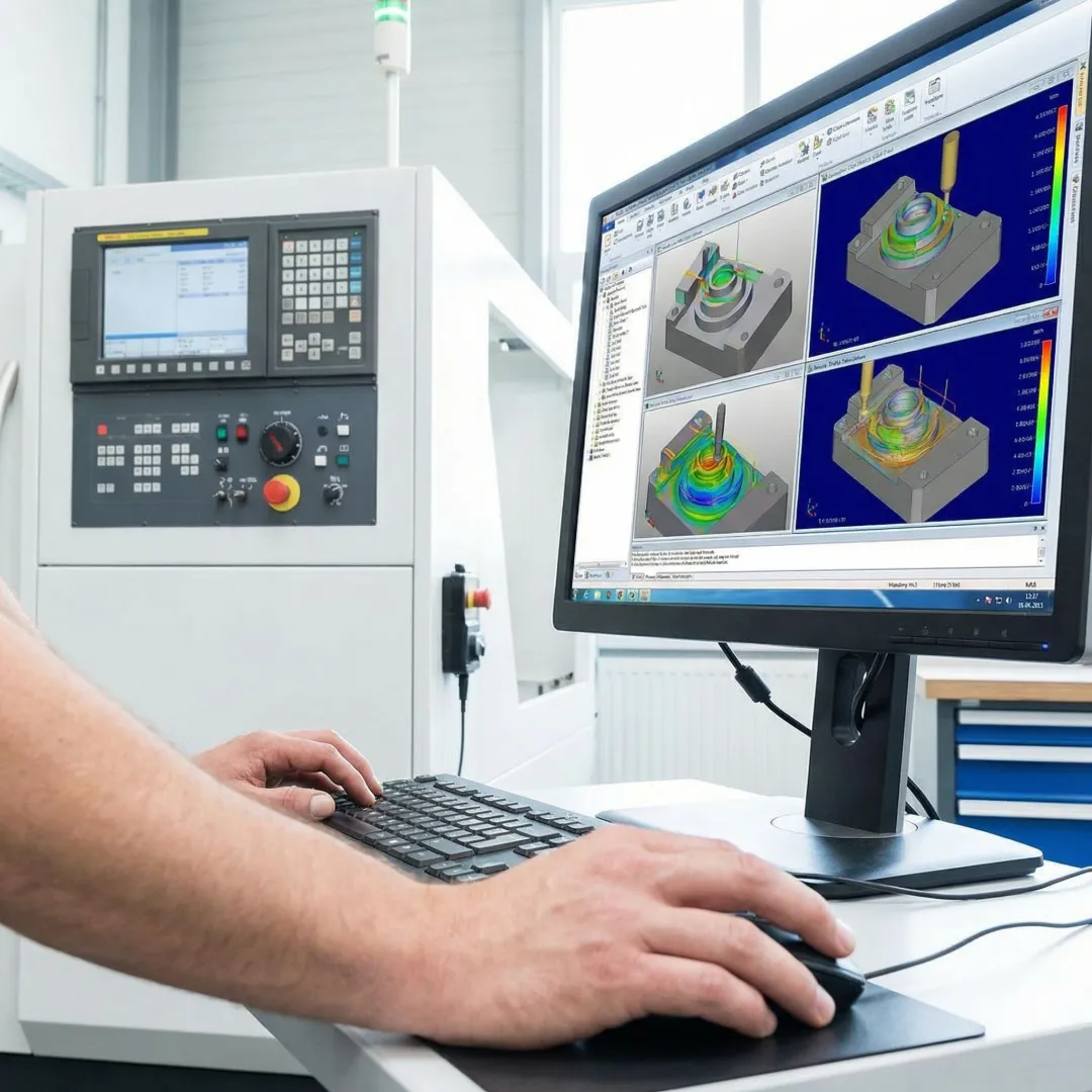 Technician programming CNC machine using CAM software interface