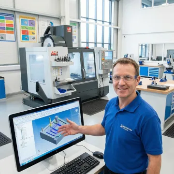 Instructor teaching CAM software programming on computer workstation in modern machine shop training facility