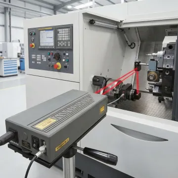 Precision laser measurement equipment performing CNC machine calibration in manufacturing facility