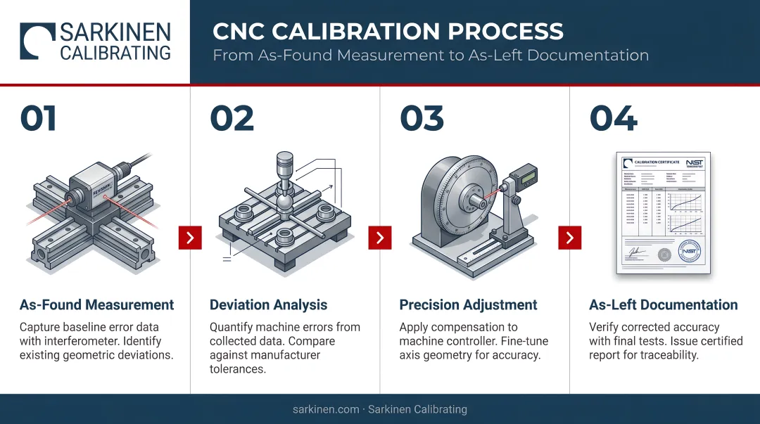 4-step CNC calibration process from as-found measurement to as-left documentation