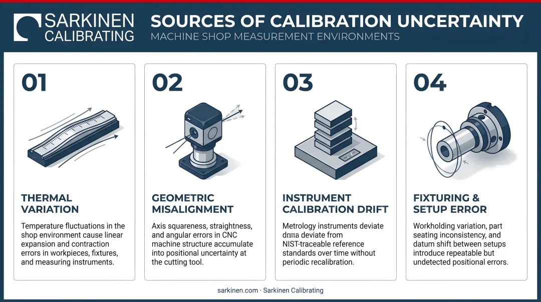 Four sources of calibration uncertainty in machine shop measurement environments