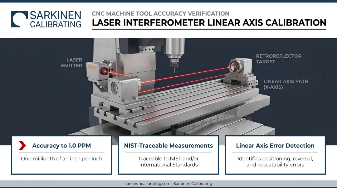 Sarkinen Calibrating technician performing laser interferometer linear axis calibration on CNC machine