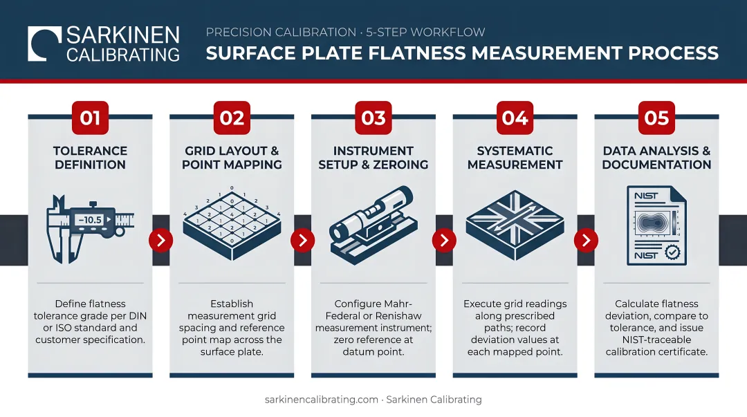 5-step flatness measurement process flow from tolerance definition to documentation