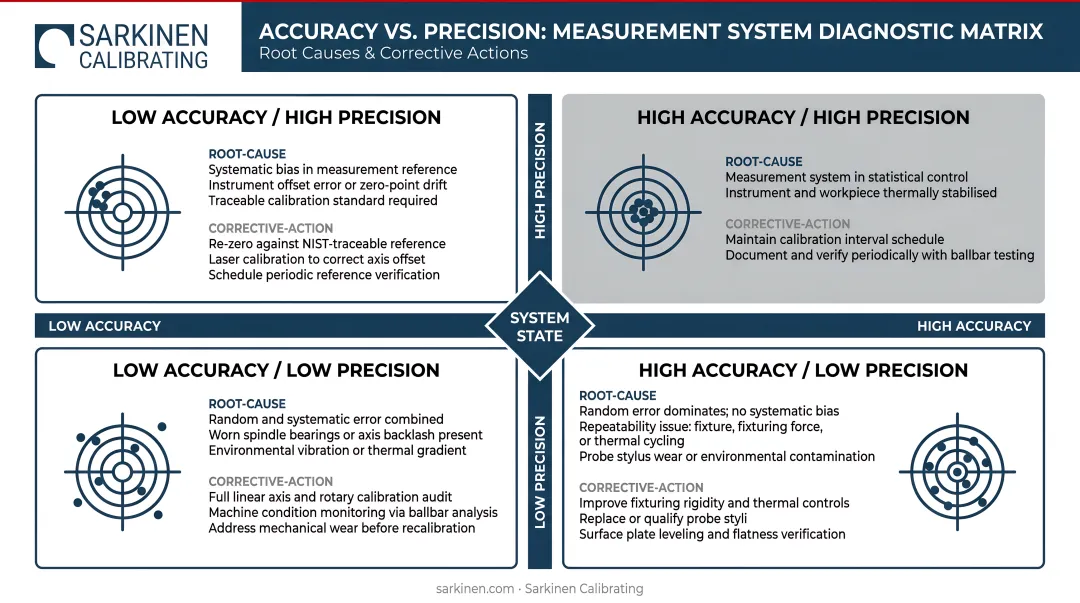 Four measurement system combinations accuracy precision matrix with root causes and fixes