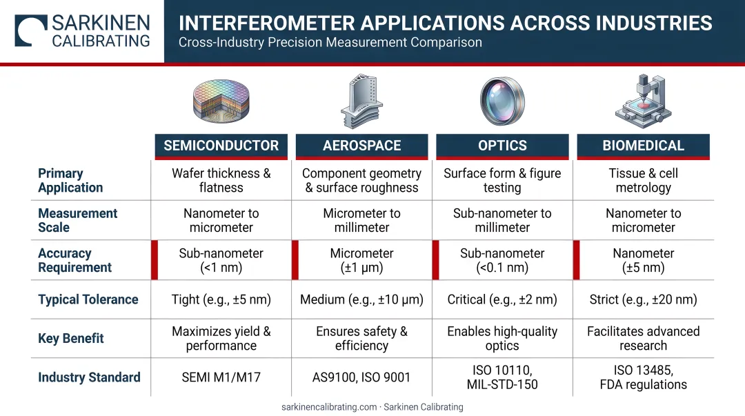 Interferometer cross-industry applications comparison across semiconductor aerospace optics and biomedical
