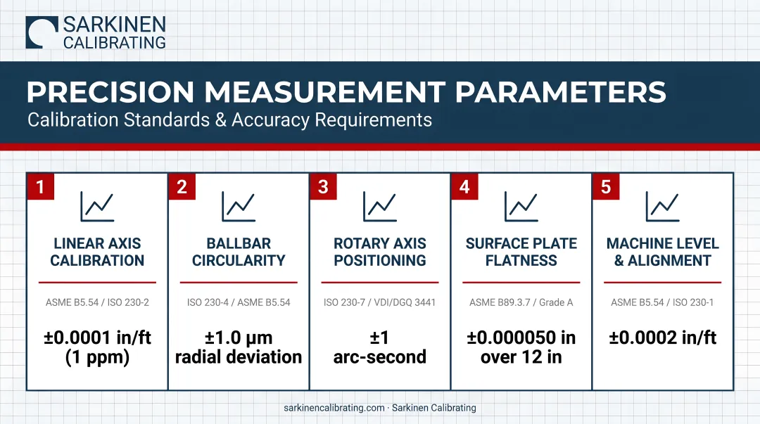 Five primary precision measurement parameters with standards and accuracy requirements