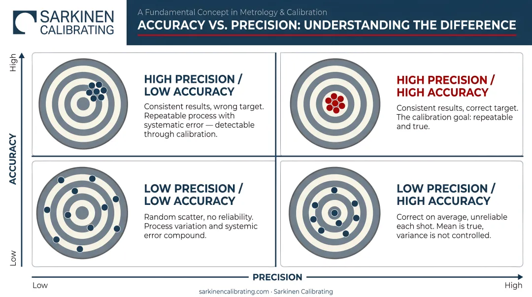 Accuracy versus precision dartboard analogy four-quadrant comparison infographic