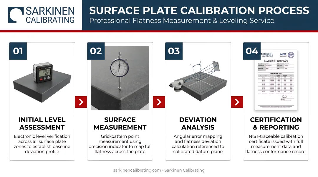 Four-step professional surface plate calibration process flow infographic