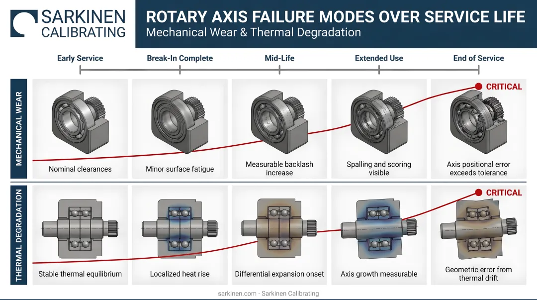 Rotary axis mechanical wear and thermal degradation failure modes over service life
